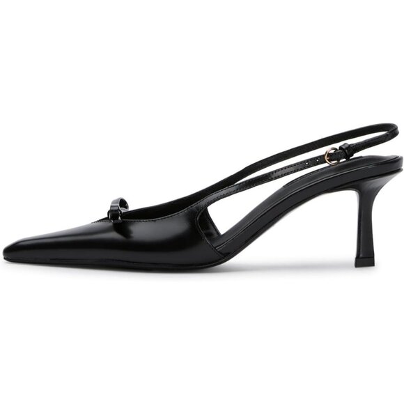 Black Slingback Women's Bow Pointed Toe Kitten Heel Backless Stiletto Sandals - Picture 1 of 8